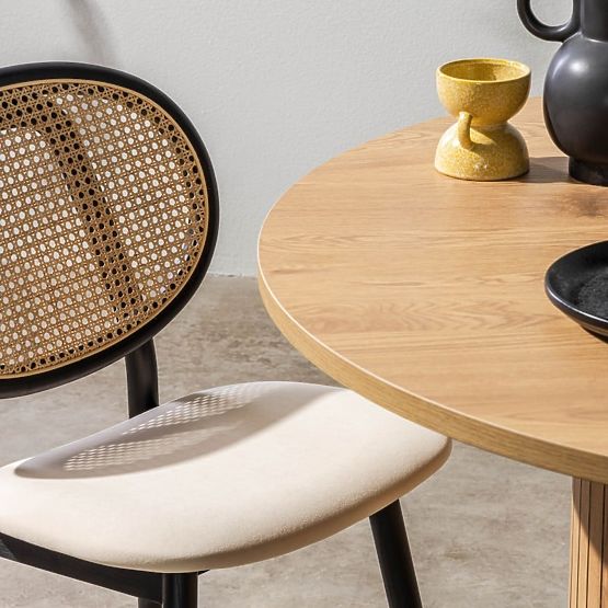 Scaun din lemn Monet cu împletitură vieneză, ratan, catifea, negru/bej