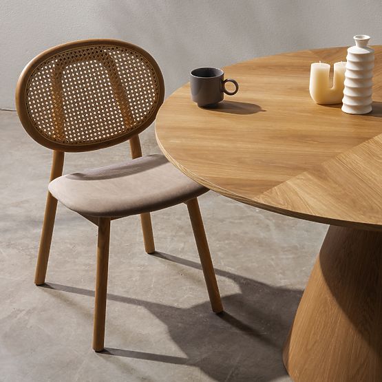 Scaun din lemn Monet cu împletitură vieneză, ratan, velur, natural/maro deschis