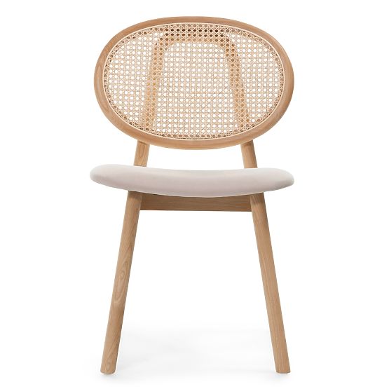 Scaun din lemn Monet cu împletitură vieneză, ratan, velur, natural/maro deschis