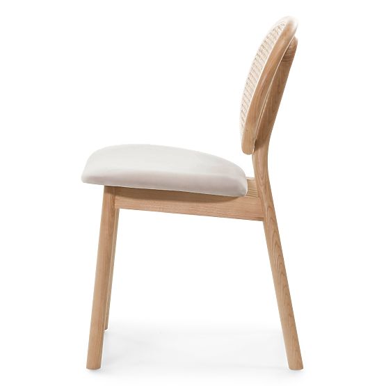 Scaun din lemn Monet cu împletitură vieneză, ratan, velur, natural/maro deschis