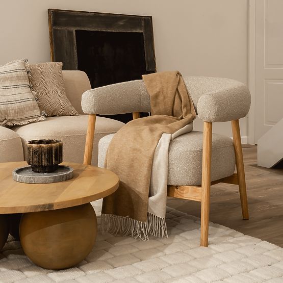 Scaun/Fotoliu tapițat Montepulciano, bej deschis/lemn de stejar, rotunjit