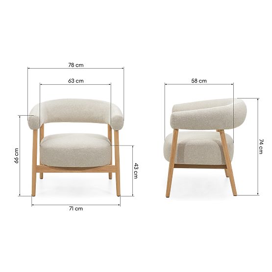 Scaun/Fotoliu tapițat Montepulciano, bej deschis/lemn de stejar, rotunjit