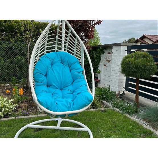 Scaun suspendat BELLISSIMO (scaun + cadru) din tehnoratan alb cu pernă albastră, husă GRA