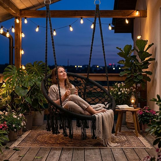 Scaun suspendat boho leagăn de grădină negru MultiGarden