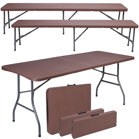 Set catering Ratan masă maro 180 cm + 2 bănci