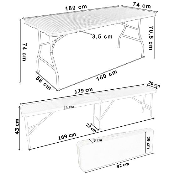 Set catering Ratan masă maro 180 cm + 2 bănci