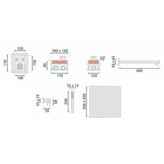Set de duș încastrat cu termostat FENIX DAVIS Auriu + BOX