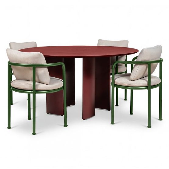 Set de grădină Amarello, masă rotundă 140 cm + 4 scaune, aluminiu, verde/maro bordo