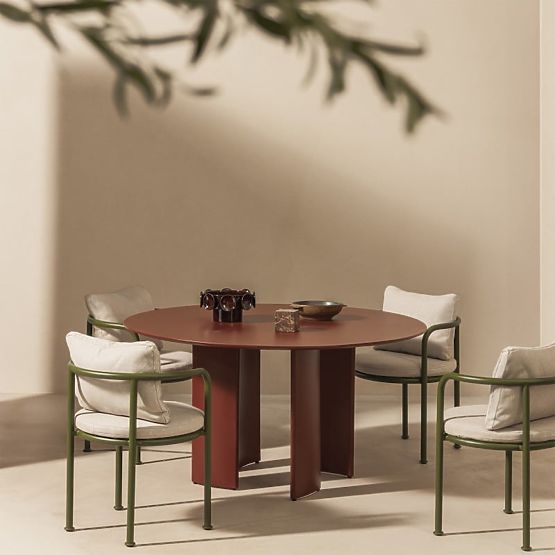 Set de grădină Amarello, masă rotundă 140 cm + 4 scaune, aluminiu, verde/maro bordo