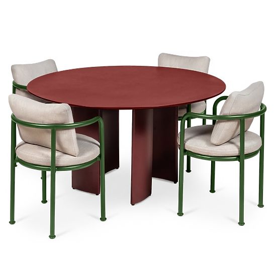 Set de grădină Amarello, masă rotundă 140 cm + 4 scaune, aluminiu, verde/maro bordo