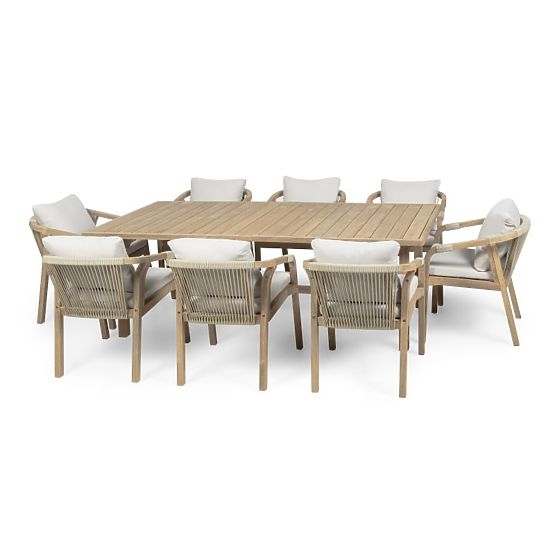 Set de grădină Castello, masă extensibilă 200-295 cm + 8 scaune cu împletitură, lemn de salcâm FSC