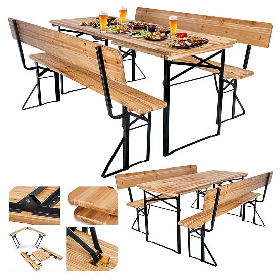 Set de grădină din oțel și lemn PORTER masă de 170 cm + 2 bănci