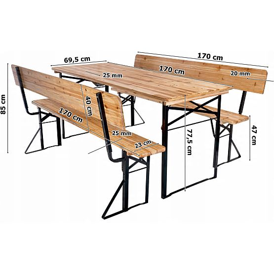 Set de grădină din oțel și lemn PORTER masă de 170 cm + 2 bănci