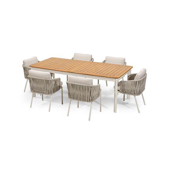 Set de grădină Porticato, masă extensibilă 211-300 cm + 6 scaune, lemn de salcâm FSC, aspect de tec