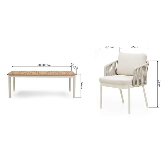 Set de grădină Porticato, masă extensibilă 211-300 cm + 6 scaune, lemn de salcâm FSC, aspect de tec