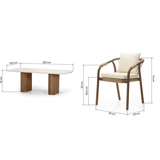 Set de grădină Rovigo masă cu blat din piatră 220 cm și 6 scaune cu sfoară împletită, lemn închis la