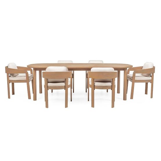 Set de grădină Satori II, masă 240 cm + 6 scaune, lemn de salcâm FSC, aspect de tec, bej, rotunjit