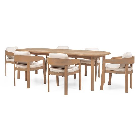 Set de grădină Satori II, masă 240 cm + 6 scaune, lemn de salcâm FSC, aspect de tec, bej, rotunjit