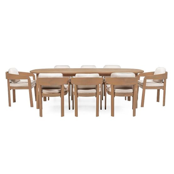 Set de grădină Satori II, masă 240 cm + 8 scaune, lemn de salcâm FSC, aspect de tec, bej, rotunjit