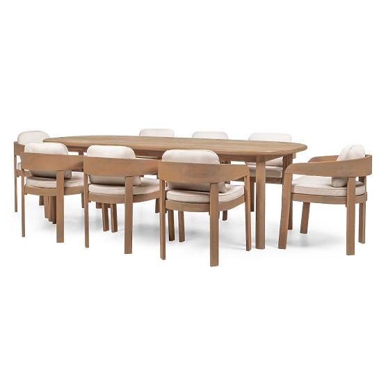 Set de grădină Satori II, masă 240 cm + 8 scaune, lemn de salcâm FSC, aspect de tec, bej, rotunjit