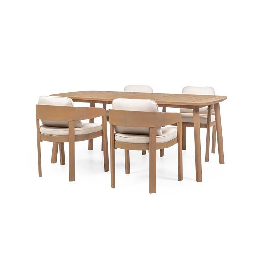 Set de grădină Satori, masă 183 cm + 4 scaune, lemn de salcâm FSC, aspect de tec, bej, rotunjit