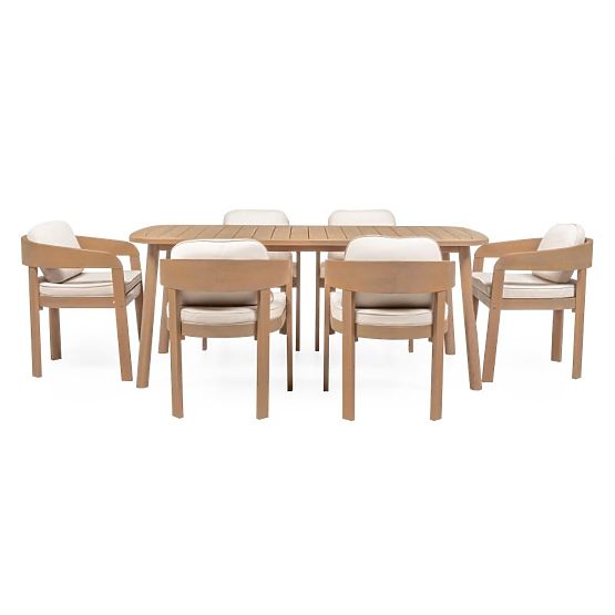 Set de grădină Satori, masă 183 cm + 6 scaune, lemn de salcâm FSC, aspect de tec, bej, rotunjit