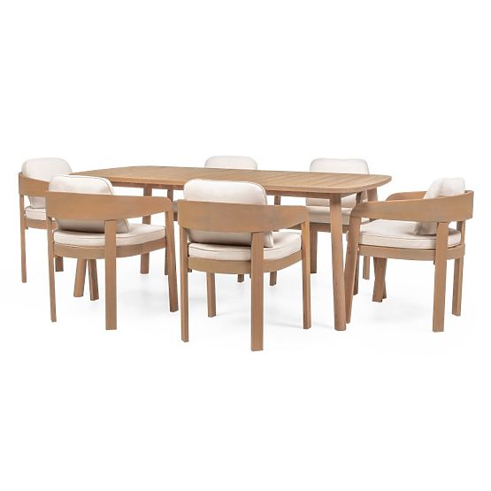 Set de grădină Satori, masă 183 cm + 6 scaune, lemn de salcâm FSC, aspect de tec, bej, rotunjit