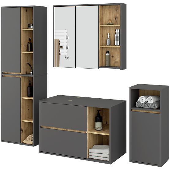 SET DE MOBILIER DE BAIE SUSPENDAT CU ORIFICII VAMI GRAFIT GRI / STEJAR ARTISAN