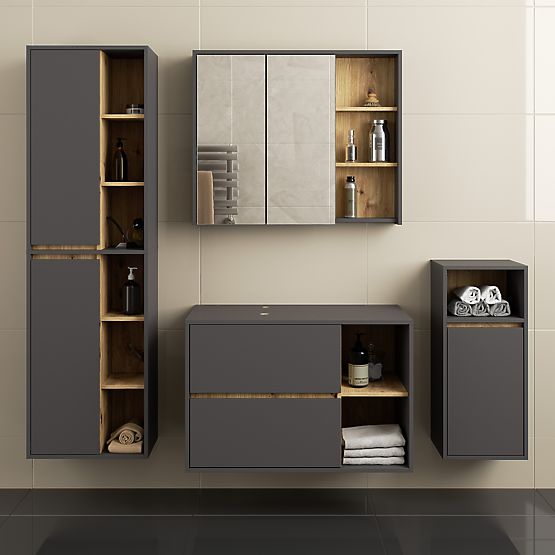 SET DE MOBILIER DE BAIE SUSPENDAT CU ORIFICII VAMI GRAFIT GRI / STEJAR ARTISAN