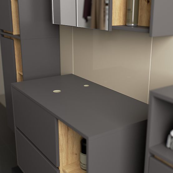 SET DE MOBILIER DE BAIE SUSPENDAT CU ORIFICII VAMI GRAFIT GRI / STEJAR ARTISAN