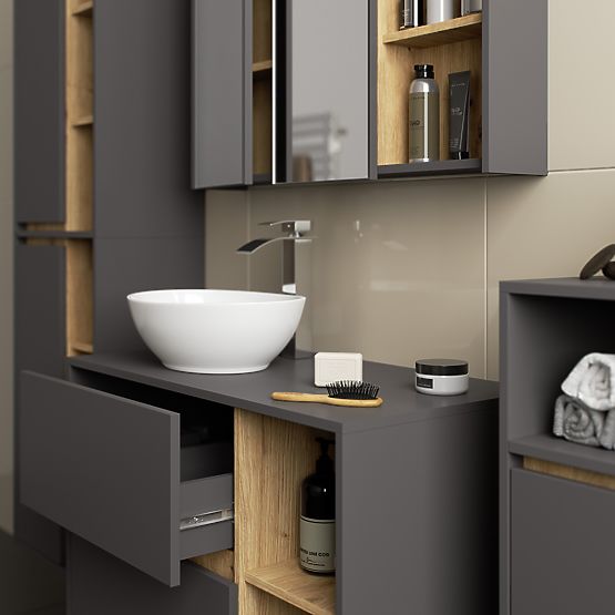 SET DE MOBILIER DE BAIE SUSPENDAT CU ORIFICII VAMI GRAFIT GRI / STEJAR ARTISAN
