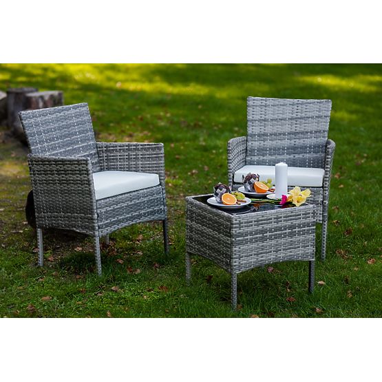 Set de mobilier de balcon (2 x fotoliu + masă) SANO din ratan tehnologic gri
