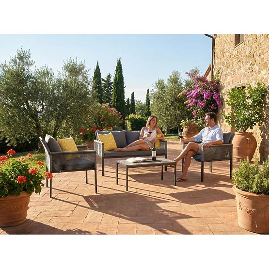 Set de mobilier de grădină din aluminiu (2 x fotoliu, canapea + masă) CORTO rotund gri tehnoratan