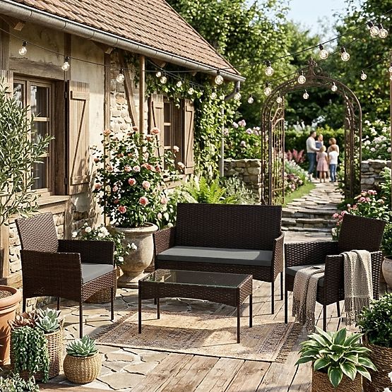 Set de mobilier de grădină din tehnoratan bancă masă scaune maro închis MultiGarden