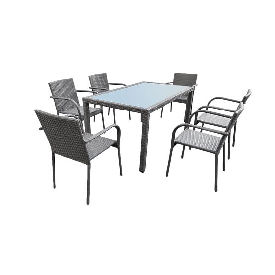 Set de mobilier de sufragerie din tehnoratan (masă 150x90cm + 6 scaune) AVVICENTE gri