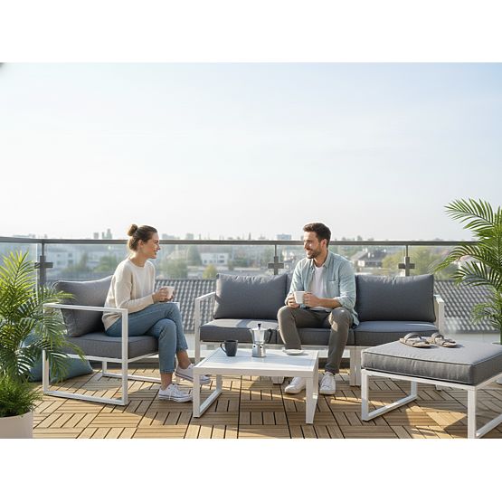 Set de mobilier din aluminiu pentru terasă (Canapea 204 cm, fotoliu, taburet + măsuță) MOSTRARE Alb