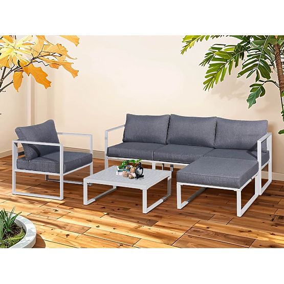 Set de mobilier din aluminiu pentru terasă (Canapea 204 cm, fotoliu, taburet + măsuță) MOSTRARE Alb