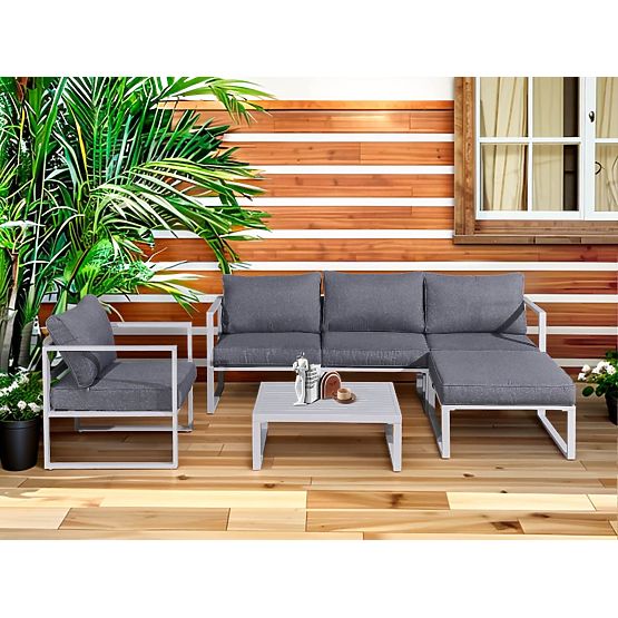 Set de mobilier din aluminiu pentru terasă (Canapea 204 cm, fotoliu, taburet + măsuță) MOSTRARE Alb
