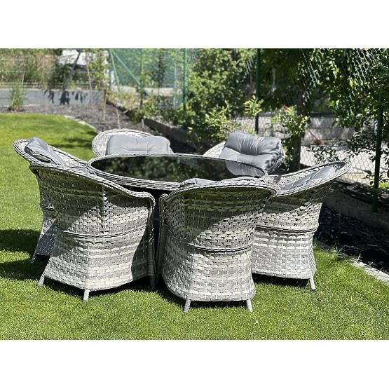 Set de sufragerie mare din technoratan (6 fotolii + masă) MODERNO gri deschis