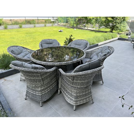 Set de sufragerie mare din technoratan (6 fotolii + masă) MODERNO gri deschis