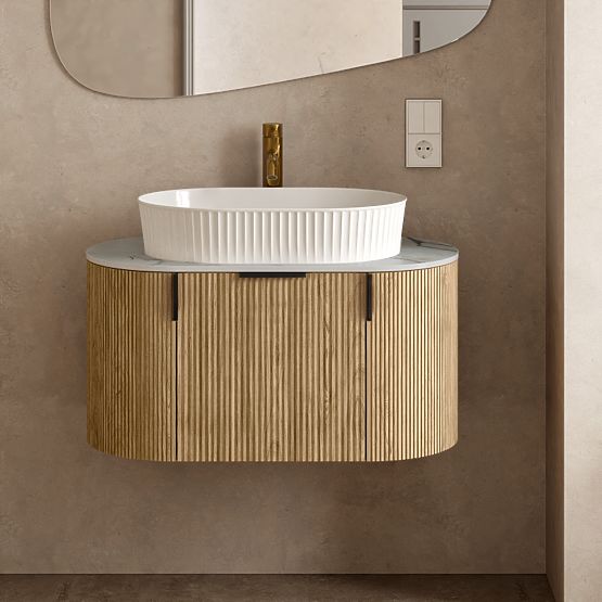 Set dulap cu blat și chiuvetă La simplicite 80 cm, canelat, rotunjit, Glit White/stejar