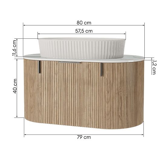Set dulap cu blat și chiuvetă La simplicite 80 cm, canelat, rotunjit, Glit White/stejar