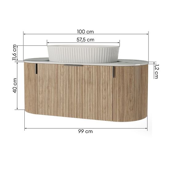 Set dulap cu blat și lavoar La simplicite 100 cm, canelat, rotunjit, Glit White/stejar