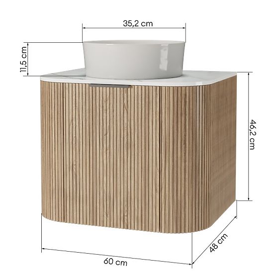 Set dulap cu blat și lavoar Matinale 60 cm, canelat, rotunjit, Glit White/acacia