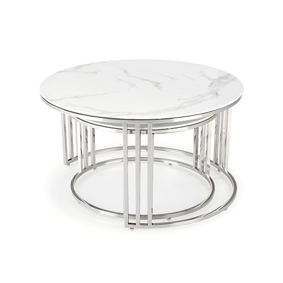 Set MERCURY 2 de 2 bănci, cadru - argintiu, sticlă - marmură albă (1p=1buc)