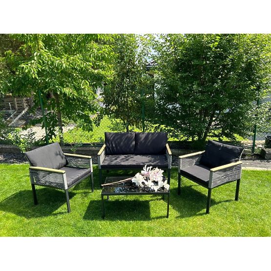 Set mic de mobilier pentru balcon (2 x fotoliu, canapea + masă) CORTO aluminiu negru, tehnoratan gri