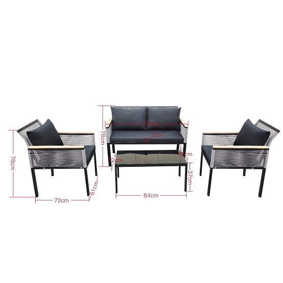 Set mic de mobilier pentru balcon (2 x fotoliu, canapea + masă) CORTO aluminiu negru, tehnoratan gri