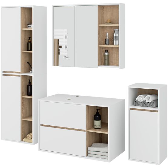 SET MOBILIER DE BAIE SUSPENDAT CU GĂURI VAMI ALB / STEJAR SONOMA