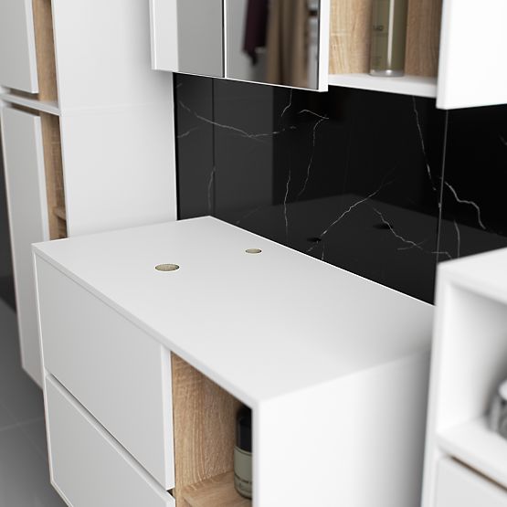 SET MOBILIER DE BAIE SUSPENDAT CU GĂURI VAMI ALB / STEJAR SONOMA