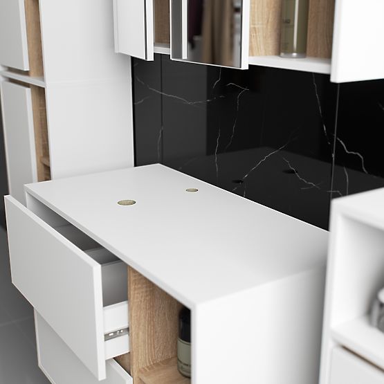 SET MOBILIER DE BAIE SUSPENDAT CU GĂURI VAMI ALB / STEJAR SONOMA